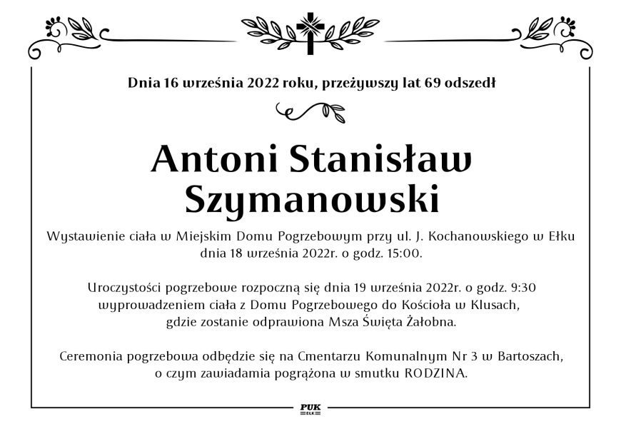 Antoni Stanisław Szymanowski - nekrolog